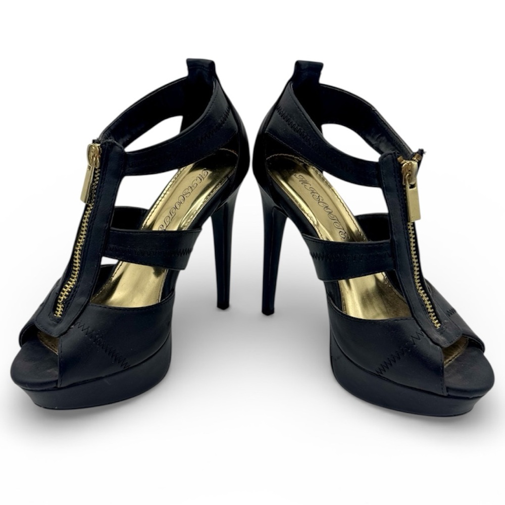 Mascotte Black Strappy Zip Up Peep Toe Pleaser Heels Size 7.5